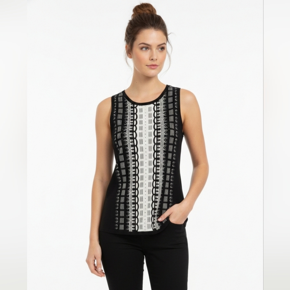 WHBM Black White Knit Tank Pointelle Party Club Office M